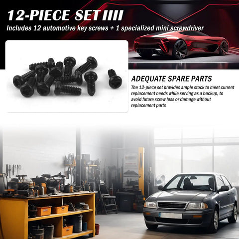 Stainless Steel M2 X 5 Key Fob Screws Kit 12 Pieces With Screwdriver For Honda shown with automotive garage background