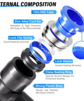 Exploded view of internal components of a blue 1/2 inch OD tee push in plastic fittings 3 way tube connector, showing various seals and caps.