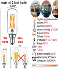 Diagram and specifications of Dimmable E12 LED Bulb 6W Equal 60W Warm White 2700K for chandeliers and wall sconces, 12 pack.