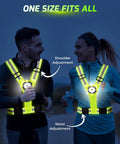 Two people wearing Lit Up Running Vest With 360 Visibility, Reflective Chest And Red Back LED Lights Washable And Durable Gear.