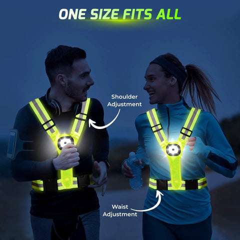 Two people wearing Lit Up Running Vest With 360 Visibility, Reflective Chest And Red Back LED Lights Washable And Durable Gear.