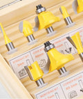 15 Piece One Quarter Inch Shank Tungsten Carbide Router Bit Set for Woodworking Pros and DIYers displayed in wooden case