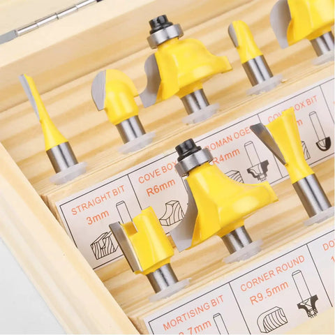 15 Piece One Quarter Inch Shank Tungsten Carbide Router Bit Set for Woodworking Pros and DIYers displayed in wooden case