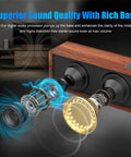 Wooden Wireless Desktop Sound Bar For PC And Monitor 20W Bluetooth 5.3 Speaker with visible internal components and sound waves