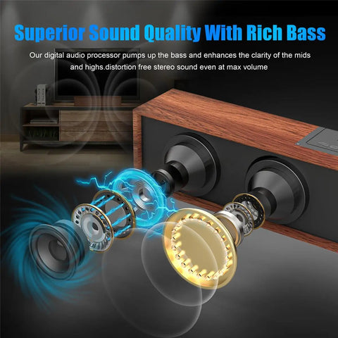 Wooden Wireless Desktop Sound Bar For PC And Monitor 20W Bluetooth 5.3 Speaker with visible internal components and sound waves