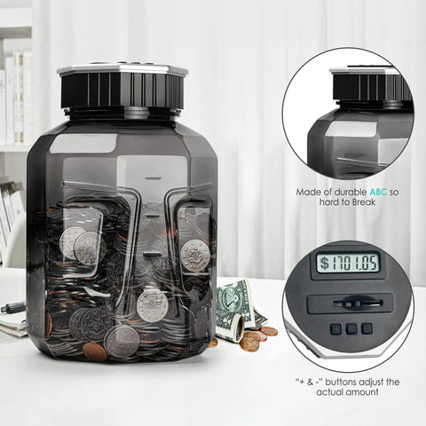 Extra Large Piggy Bank For All US Coins With LCD Digital Counter, 2.4L Capacity, showcasing coins and digital display
