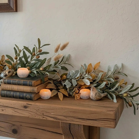 Small Real Wax Flameless Candles with Silver Glitter, LED Flicker, Battery Included, 3 Pack on wooden shelf with books and foliage