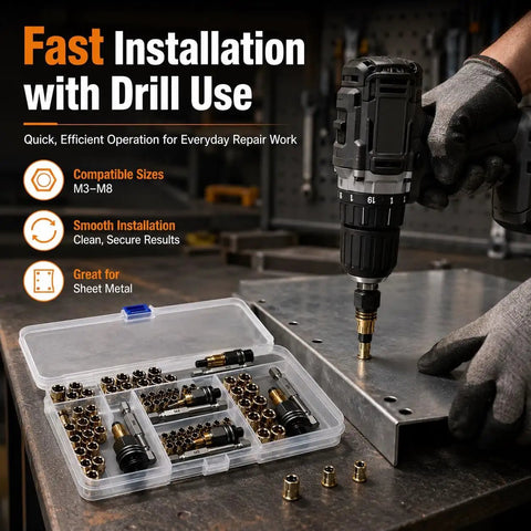 Zero Hassle Carbon Steel Rivet Nut Tool Set Loaded With M3 Through M8 Metric Heads in use for quick fastening on sheet metal.