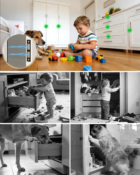 Child and dog playing by cabinets with Heavy Duty Magnetic Door Catch With Twin Magnet Core For Cabinets And Drawers Over 35 Lb Hold