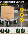 10 Inch Pneumatic Caster Wheel Set of 4 Includes Two Swivel and Two Rigid Plates on a cart with boxes, supporting 661 lbs.