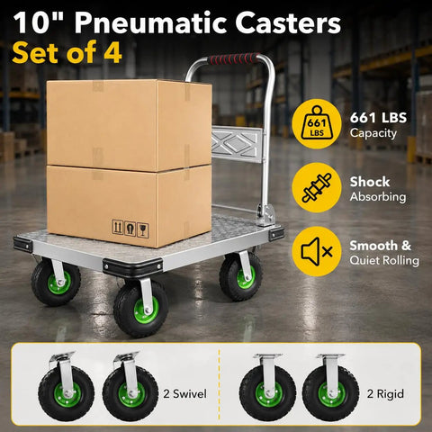 10 Inch Pneumatic Caster Wheel Set of 4 Includes Two Swivel and Two Rigid Plates on a cart with boxes, supporting 661 lbs.