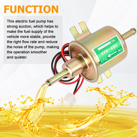 12V Inline Fuel Pump Low Pressure Transfer For Motorcycle Carburetor Lawn Mower Gas Or Diesel Engine Universal 2.5-4 Psi 70 Liters Per Hour 30 GPH 8mm Hose Easy DIY Install Go-To Upgrade, displaying spout and wiring with fuel flow.
