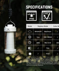 Rechargeable Camping Lantern With RGB Light 550LM Brightness Waterproof Tent Light shown hanging on a rope by a tree.