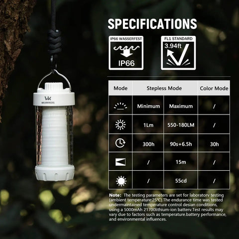 Rechargeable Camping Lantern With RGB Light 550LM Brightness Waterproof Tent Light shown hanging on a rope by a tree.