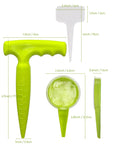 Go-To Handheld Seed Spreader And Planter Tool With Dibber For Small Seeds showing dimensions and light green color