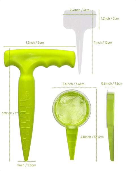 Go-To Handheld Seed Spreader And Planter Tool With Dibber For Small Seeds showing dimensions and light green color