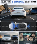 2.5K Front Inside And Rear Dash Cam For Cars With 32GB Card 3 Channel 1440P Night Vision Parking Mode Loop Recording