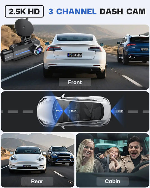 2.5K Front Inside And Rear Dash Cam For Cars With 32GB Card 3 Channel 1440P Night Vision Parking Mode Loop Recording