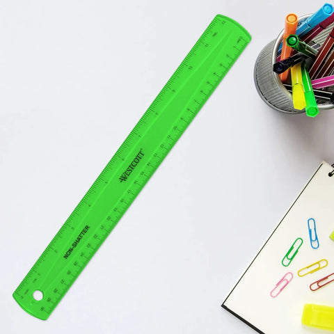 Shatterproof 12 Inch Ruler In Green With Crystal Clear Markings, Ultra Durable Plastic Measuring Tool For Home, School Or Office