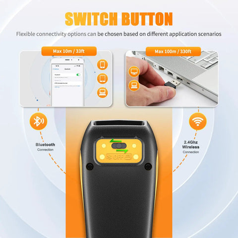 Switch button and connectivity options of Compact Bluetooth Barcode Scanner For 1D And 2D Codes, Mini Cordless Image Reader.