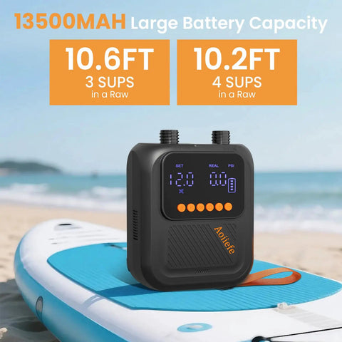 Portable Rechargeable Electric SUP Pump For Stand Up Paddleboards On The Go With Dual-Stage Inflation displayed on a beach