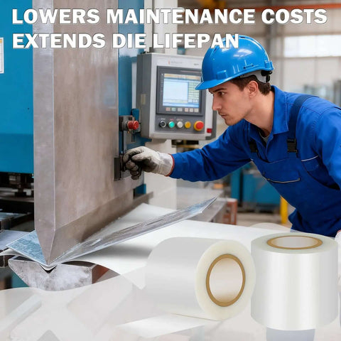 Technician using press brake with urethane die protection film, built tough polyethylene sheeting, 4 inch wide by 0.012 inch thick