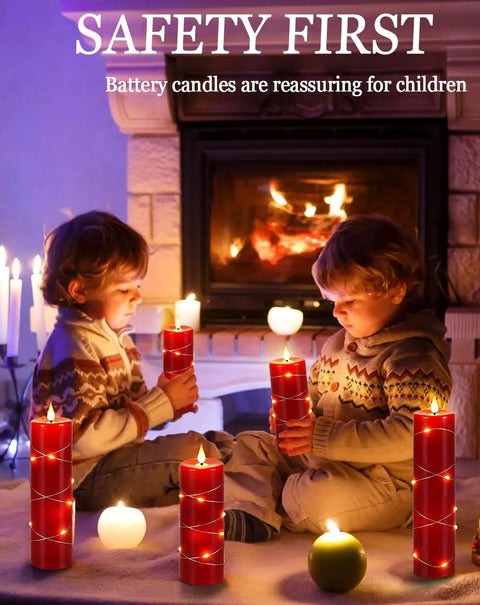 Children with Red Flameless Candle Set With Remote Control Battery Powered LED Candles With String Lights in cozy living room
