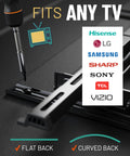 No Sweat Universal TV Mount Hardware Kit With M4 M5 M6 M8 Screws And Spacers For Flat Screens Up To 80 Inches, showing compatibility with flat and curved back TVs.