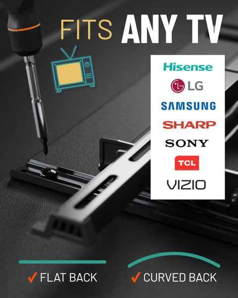 No Sweat Universal TV Mount Hardware Kit With M4 M5 M6 M8 Screws And Spacers For Flat Screens Up To 80 Inches, showing compatibility with flat and curved back TVs.