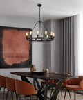 Farmhouse Wagon Wheel Chandelier 34.45 Inch Diameter Rustic Industrial Island Light 12 Light Vintage in dining room