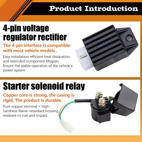 4-pin voltage regulator rectifier and starter solenoid relay for Ride Ready CDI Box Ignition Coil with Starter Solenoid and Voltage Regulator Bolt On and Plug and Play for 50cc 125cc Four Stroke Horizontal Engines in ATVs Go Karts Mini Bikes Quads Fits Taotao Coolster Kazuma Roketa SunL Lifan NST Chinese Brands.
