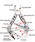 12-in-1 Folding Multitool Pliers With Pipe Grip, Go-To Stainless Steel Build, Replaceable Screwdriver Bits, Safety Lock, Saw Blade, and Hard Case features labeled tools.