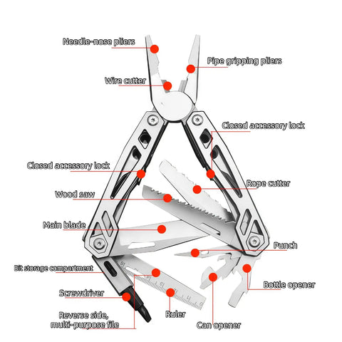 12-in-1 Folding Multitool Pliers With Pipe Grip, Go-To Stainless Steel Build, Replaceable Screwdriver Bits, Safety Lock, Saw Blade, and Hard Case features labeled tools.