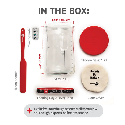 34 Oz Large Capacity Sourdough Starter Jar With Funnel Opening And Silicone Cover, kit components shown including silicone spatula.