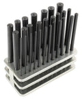 Transfer Punch Set 3/32 to 1/2 Inch, 28-piece heat-treated tool steel punches on stand, for milling and machining