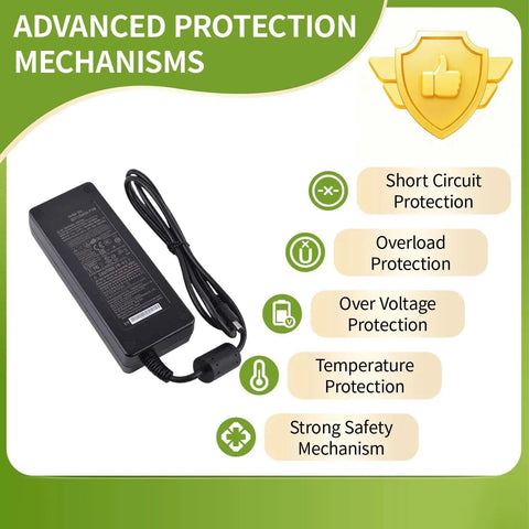 120W 24V Power Supply With Active PFC PF Above 0.93 High Efficiency To 89.5 Percent Energy Saving For Nonstop Round The Clock Use Rock Solid Overload Protection From 105 To 160 Percent Rugged Circuit Safeguards For Demanding Projects, black adapter with cable and protection icons