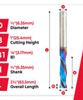 Spektra Extreme Tool Life Coated Mortise Compression Spiral Router Bit, 1/4 Inch Diameter, 2 Flutes, size diagram.