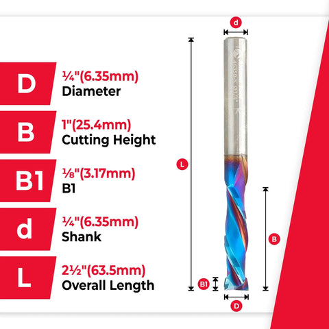 Spektra Extreme Tool Life Coated Mortise Compression Spiral Router Bit, 1/4 Inch Diameter, 2 Flutes, size diagram.
