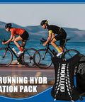 Cyclists with hydration pack for hiking and snowboarding with 5L capacity, adjustable breathable vest, reflective strips.