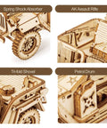 1:18 Scale Mechanical Car Puzzle Kit for Adults and Teens, 3D Wooden Model, No Glue Needed, wheel and cab close-up