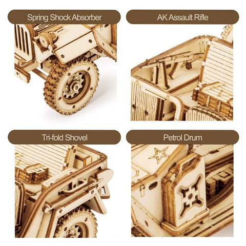 1:18 Scale Mechanical Car Puzzle Kit for Adults and Teens, 3D Wooden Model, No Glue Needed, wheel and cab close-up