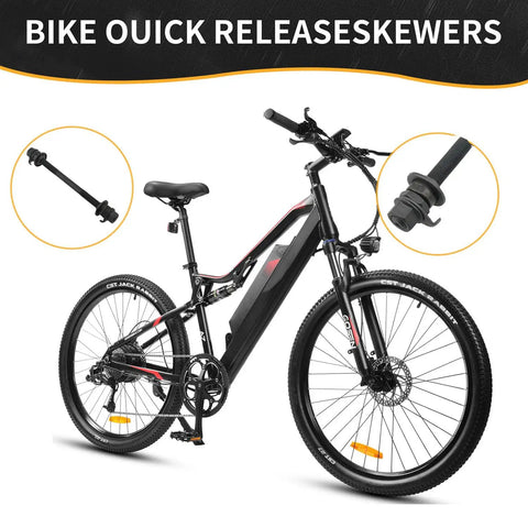 Bike with zoomed view of Bike Rear Hub Axle 180 Millimeters 7.08 Inches, showing black hardware kit, taper lock nut, washer.