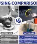 Comparison image showing Rock Solid Angle Grinder Extension Rod Adapter Kit With Dead Simple Setup and its advantages in deep polishing and cutting.