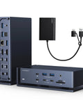 Kick Your Daily Grind Into Hyperdrive With This Rock Solid Thunderbolt 4 DisplayLink Dock Designed For A Smooth Six Screen Setup Featuring Quad 6K Plus Dual 4K Output Built To Handle Heavy Apple M Series Mac Workflows Like A Champ. Image shows a Thunderbolt 4 docking station with multiple ports and a USB adapter.
