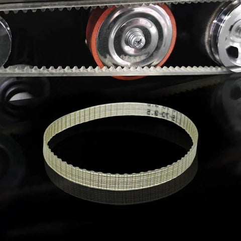 Built Damn Tough 1.5M 70 Tooth Steel Reinforced Mini Lathe Drive Belt on black surface, showing teeth and smooth finish.