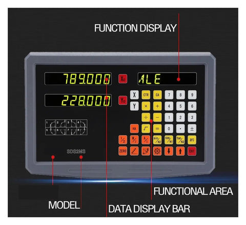 Front view of Two Axis DRO Digital Readout for milling, lathe, grinder with high precision linear scale and clear display