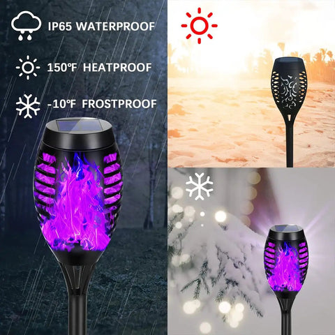 Solar Powered Outdoor Lights With Purple Flickering Flame For Patio And Pathway Decor, Waterproof Tiki Torch Torches For Yard, No Wires, Realistic Lantern Glow, Halloween Garden Lights, 6 Pack