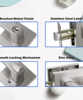 Close-ups of Keyed Entry Lever Lock for Exterior Doors with brushed nickel finish, stainless steel latch, and zinc alloy components.