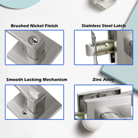 Close-ups of Keyed Entry Lever Lock for Exterior Doors with brushed nickel finish, stainless steel latch, and zinc alloy components.