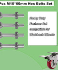 4 Pcs 60mm M10 Hex Bolts Set with nuts and washers, stainless steel fasteners for workbench wheels, caster wheel shown